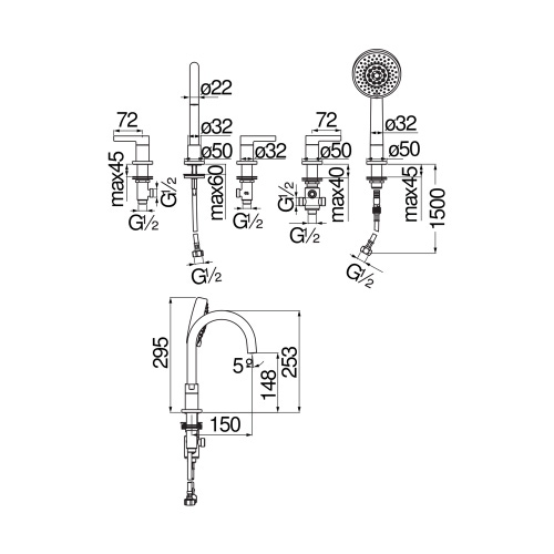 Immagine di Nobili LIRA batteria 5 fori per bordo vasca P.15 cm, con deviatore a 2 vie, finitura cromo WEBK204/T1LRCR