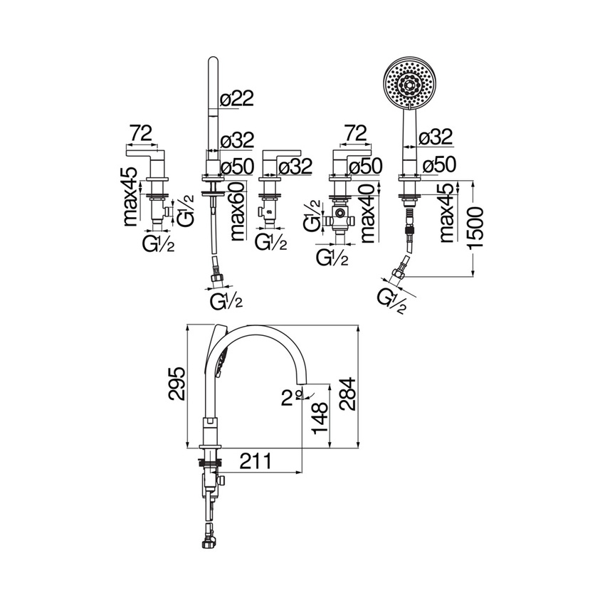 Immagine di Nobili LIRA batteria 5 fori per bordo vasca P.21 cm, con deviatore a 2 vie, finitura cromo WEBK204/1T1LRCR