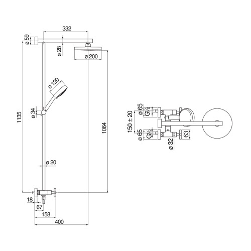 Immagine di Nobili LIRA colonna doccia con soffione a snodo ø 20 cm, doccetta, supporto doccetta e flessibile 150 cm, con deviatore, finitura cromo LR116230/30CR