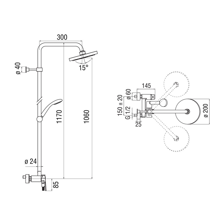 Immagine di Nobili NOBI colonna doccia con miscelatore monocomando esterno, soffione a snodo ø 20 cm, doccetta, supporto doccetta e flessibile 150 cm, finitura cromo NB84130/30CR