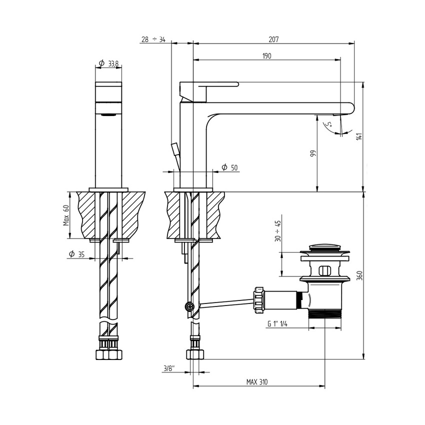 Immagine di Bellosta JEANS miscelatore lavabo monoforo H.14 P.21 cm, con scarico, senza risparmio energetico, finitura cromo 01-4805/P/A