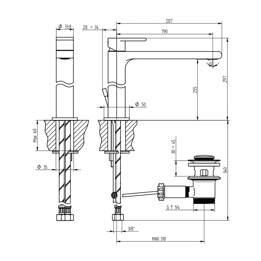 Immagine di Bellosta JEANS miscelatore lavabo monoforo H.30 P.21 cm, con scarico, senza risparmio energetico, finitura cromo 01-4805/2
