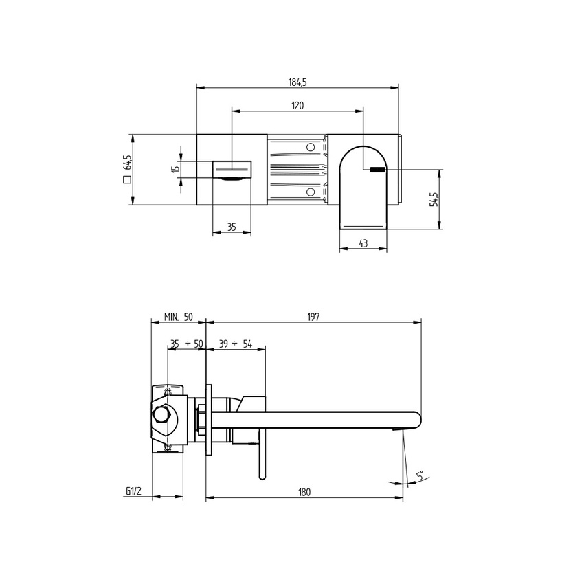 Immagine di Bellosta JEANS miscelatore lavabo ad incasso P.18 cm, a parete, senza scarico, rosoni quadrati, finitura cromo 01-4805/3/AQ/E