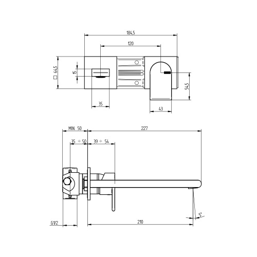 Immagine di Bellosta JEANS miscelatore lavabo ad incasso P.23 cm, a parete, senza scarico, rosoni quadrati, senza corpo incasso, finitura cromo 01-4805/3/BQ/E