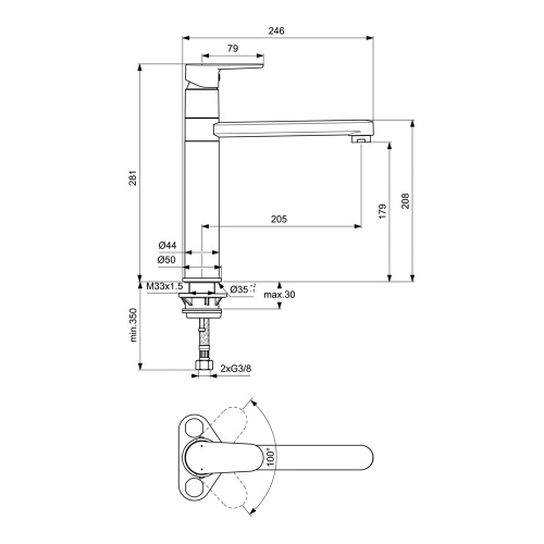Immagine di Ideal Standard CERAFINE O miscelatore da appoggio su lavello H.28 cm, con sistema BlueStart per risparmio idrico ed energetico, bocca girevole, finitura cromo BC501AA