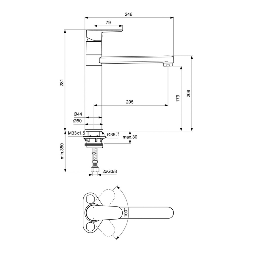 Immagine di Ideal Standard CERAFINE O miscelatore da appoggio su lavello H.28 cm, con sistema BlueStart per risparmio idrico ed energetico, bocca girevole, finitura cromo BC501AA