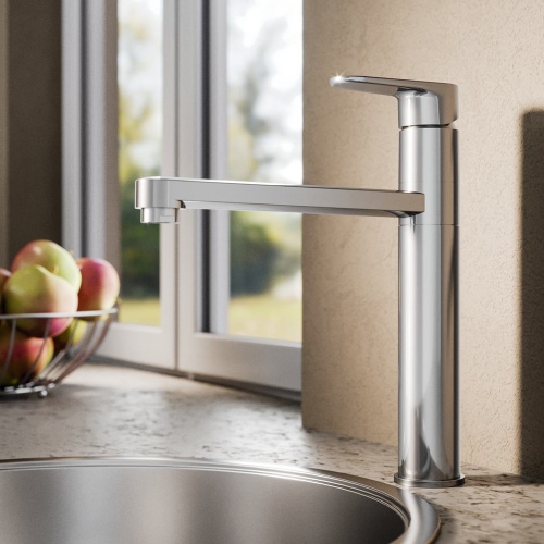 Immagine di Ideal Standard CERAFINE O miscelatore da appoggio su lavello H.28 cm, con sistema BlueStart per risparmio idrico ed energetico, bocca girevole, finitura cromo BC501AA