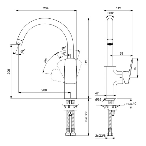 Immagine di Ideal Standard CERAPLAN miscelatore da appoggio su lavello H.31 cm, con sistema BlueStart, bocca girevole, finitura cromo BD334AA