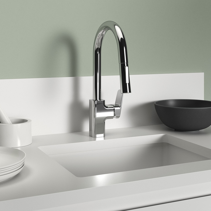 Immagine di Ideal Standard CERAPLAN miscelatore da appoggio su lavello H.39 cm, con sistema Eko, bocca girevole, finitura cromo BD338AA