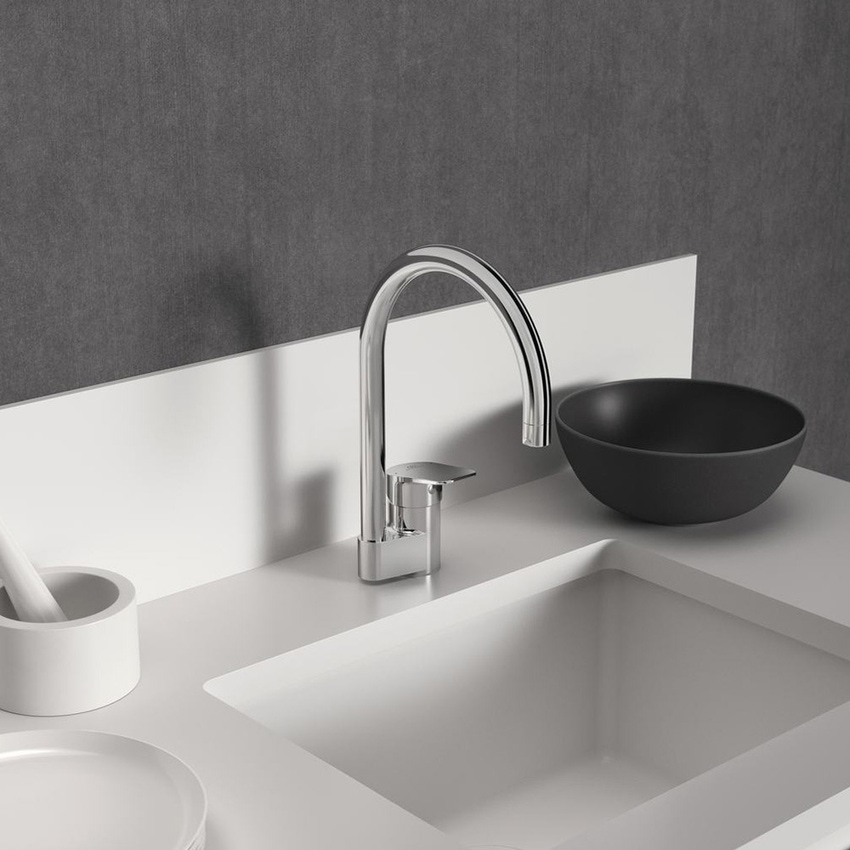 Immagine di Ideal Standard CERAPLAN miscelatore da appoggio su lavello H.32 cm, con sistema Eko, bocca girevole e tubolare, finitura cromo BD339AA