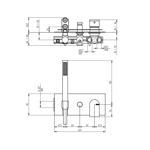 Immagine di Bellosta JEANS miscelatore per doccia ad incasso, con deviatore automatico a 2 uscite e doccetta, piastra rettangolare, senza corpo incasso, finitura cromo 01-4800/1/PQ/E