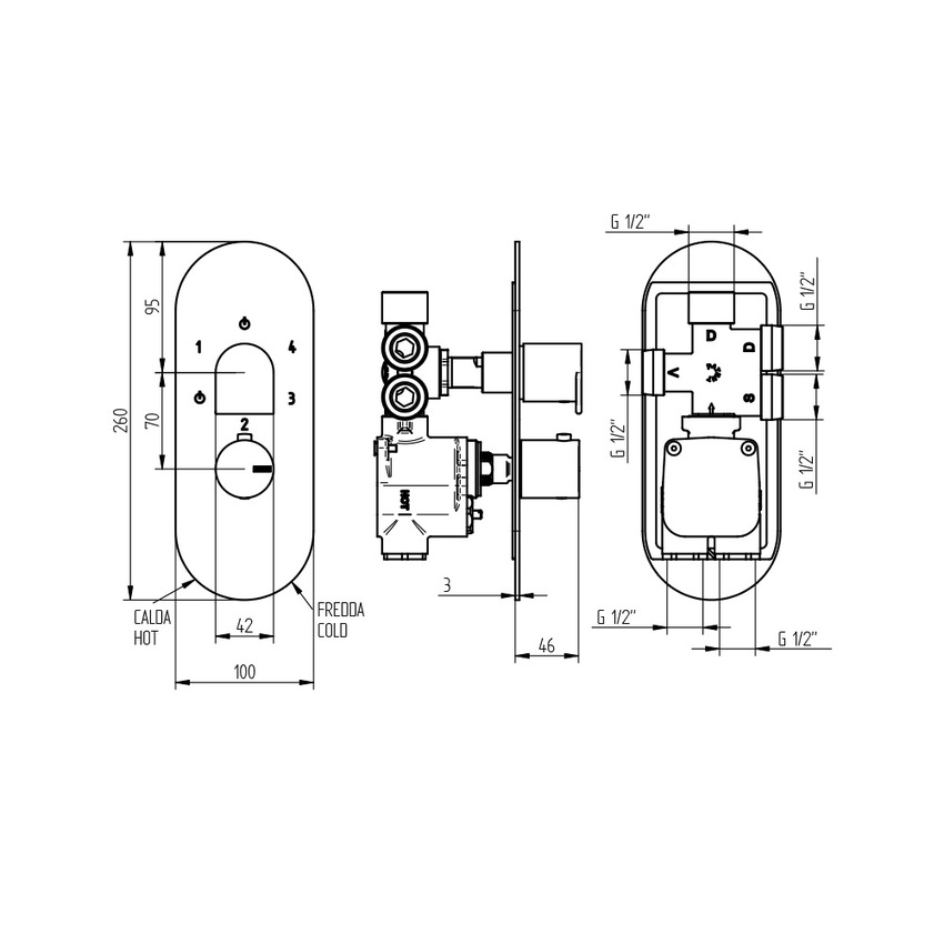 Immagine di Bellosta JEANS miscelatore termostatico per doccia, ad incasso, a 4 vie, piastra ovale, senza corpo incasso, finitura cromo 01-4812/4/P/E