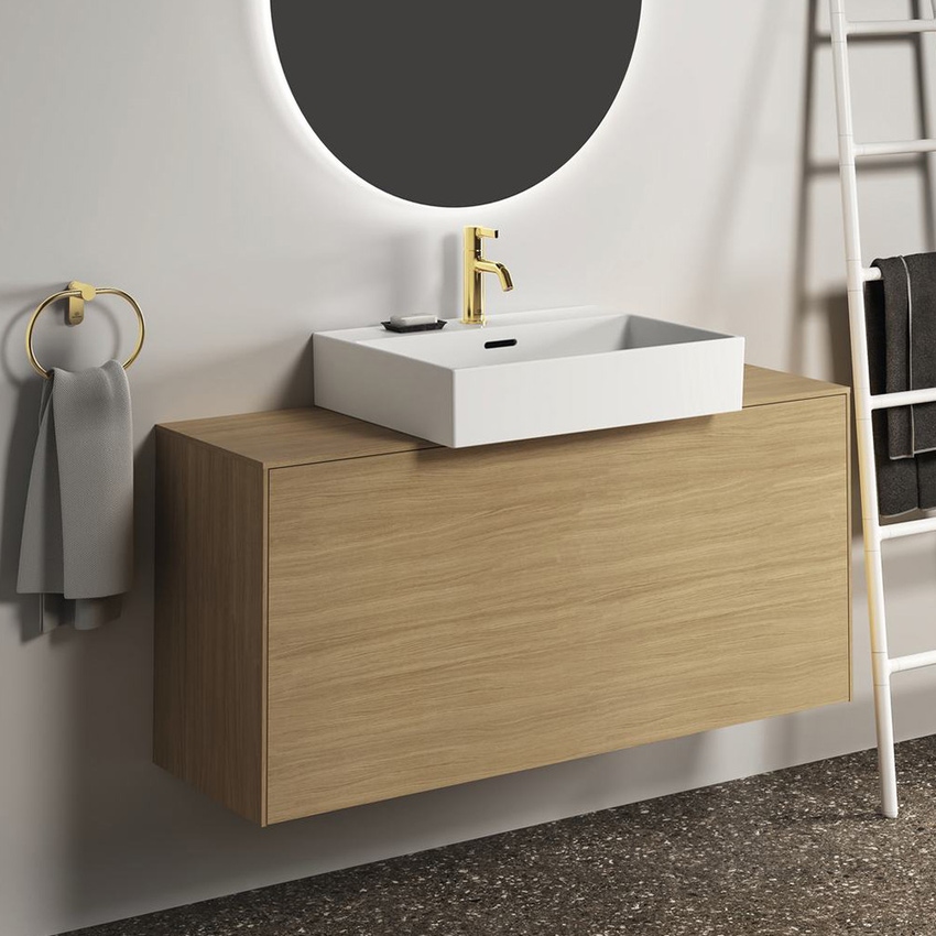 Ideal Standard soluzione bagno completo, sanitari sospesi, lavabo con  mobile 60 cm, doccia rettangolare 100x90 cm, colore bianco finitura lucido,  rubinetteria finitura oro SING2