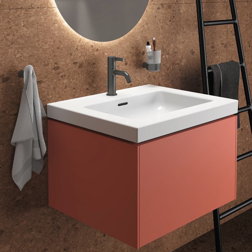 Ideal Standard soluzione bagno completo, sanitari sospesi, lavabo 75 cm,  colore bianco finitura lucido, mobile sottolavabo 120 cm, colore sunset  finitura opaco, rubinetteria finitura magnetic grey SING4