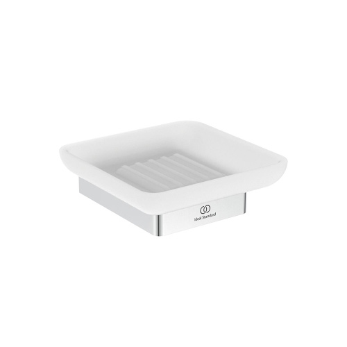 Immagine di Ideal Standard CONCA portasapone squadrato a parete, in vetro opaco con supporto metallico, finitura cromo T4508AA