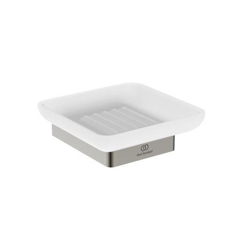 Immagine di Ideal Standard CONCA portasapone squadrato a parete, in vetro opaco con supporto metallico, finitura silver storm T4508GN