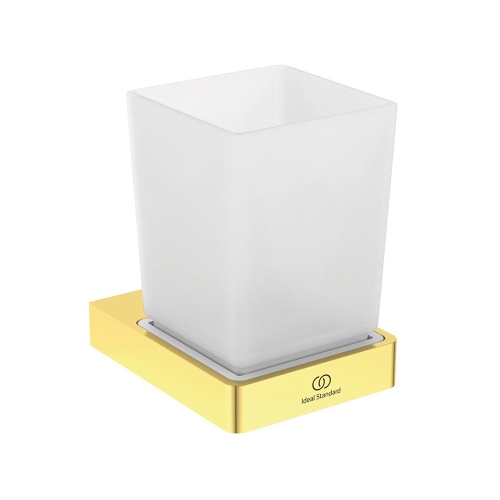 Immagine di Ideal Standard CONCA portaspazzolino squadrato, in vetro opaco con supporto metallico, finitura brushed gold T4504A2