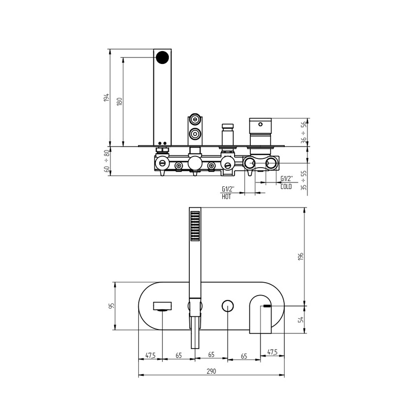 Immagine di Bellosta JEANS miscelatore vasca ad incasso, con deviatore a 2 uscite, doccetta e bocca, con piastra ovale, senza corpo incasso, finitura cromo 01-4800/2/P/E