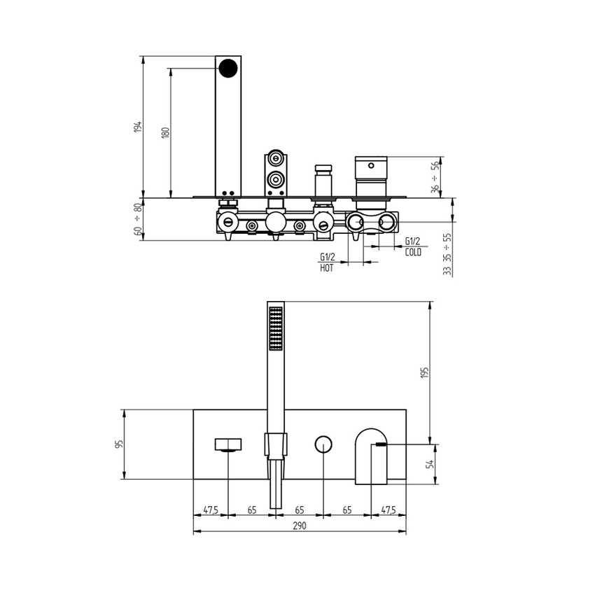 Immagine di Bellosta JEANS miscelatore vasca ad incasso, con deviatore a 2 uscite, doccetta e bocca, con piastra rettangolare, senza corpo incasso, finitura cromo 01-4800/2/PQ/E