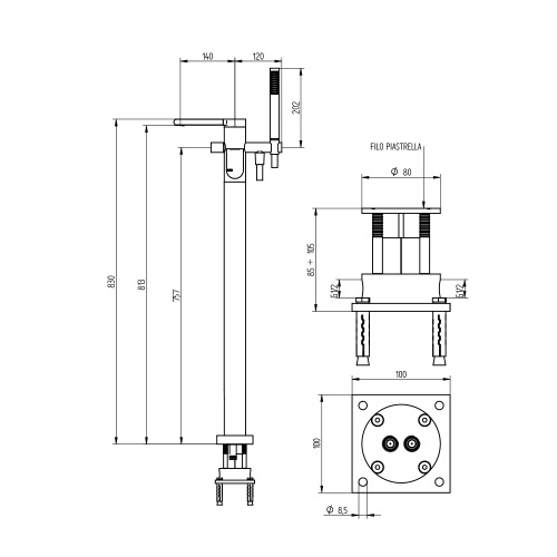 Immagine di Bellosta JEANS miscelatore vasca ad incasso a pavimento, con deviatore, con doccetta e bocca, senza corpo incasso, finitura cromo 01-4801/4/A/E