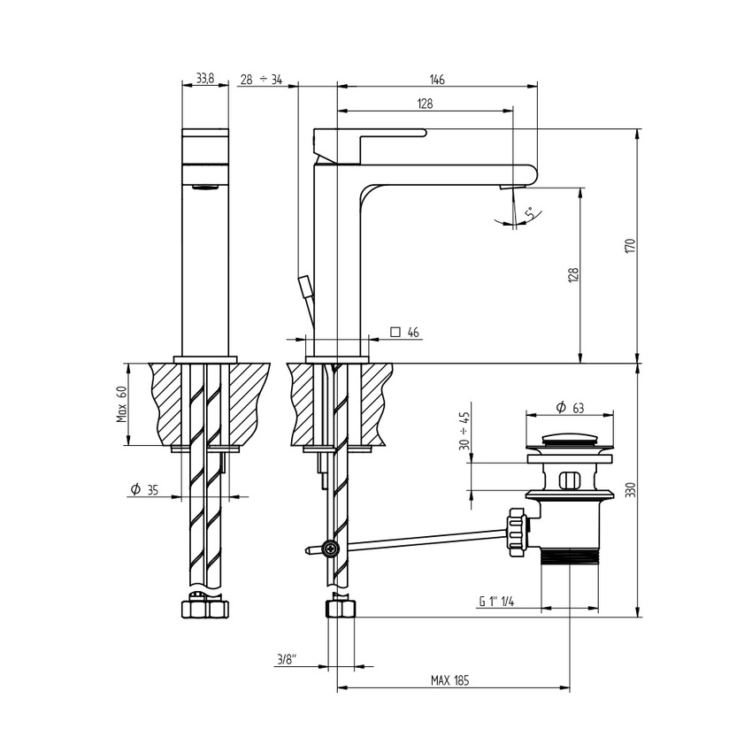Immagine di Bellosta JQ miscelatore lavabo monoforo H.17 P.15 cm, con scarico, senza risparmio energetico, con bocca prolungata, finitura cromo 01-7805/PN