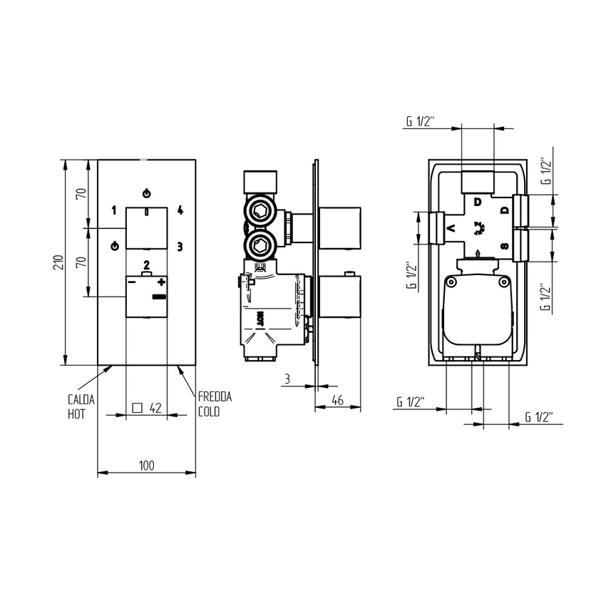 Immagine di Bellosta JQ miscelatore termostatico per doccia, ad incasso, con 4 uscite, senza corpo incasso, finitura cromo 01-0912/4/P/E