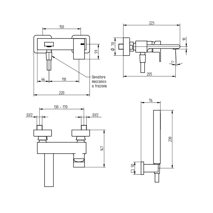 Immagine di Bellosta JQ miscelatore esterno per vasca, con deviatore, doccetta e flessibile 150 cm, finitura cromo 01-7801/A1