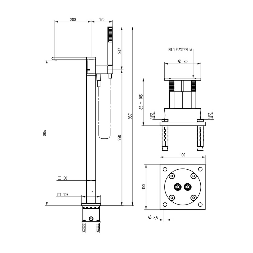Immagine di Bellosta JQ miscelatore vasca con attacco a pavimento, con deviatore, doccetta e flessibile 150 cm, senza corpo incasso, finitura cromo 01-7801/4/A/E