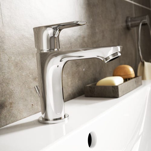 Ideal Standard CONCA composizione bagno: lavabo sospeso L.70 P.45 cm,  colore bianco, miscelatore monocomando con scarico piletta, finitura cromo,  mobile sottolavabo L.60 cm, colore antracite finitura opaco, specchio  rotondo Ø90 CONCA07