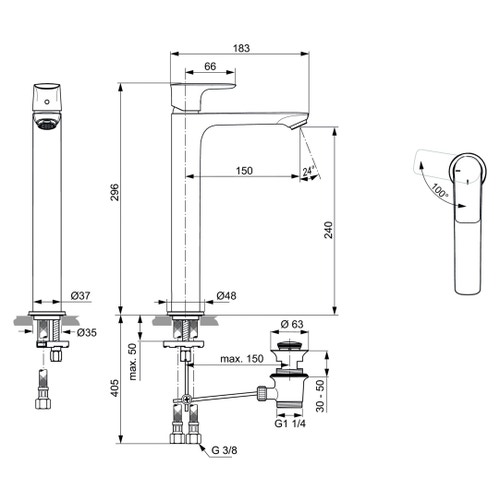 Immagine di Ideal Standard CONNECT AIR miscelatore monocomando da appoggio su piano, con sistema di apertura a freddo Bluestart, asta di comando e scarico piletta, finitura cromo A7026AA