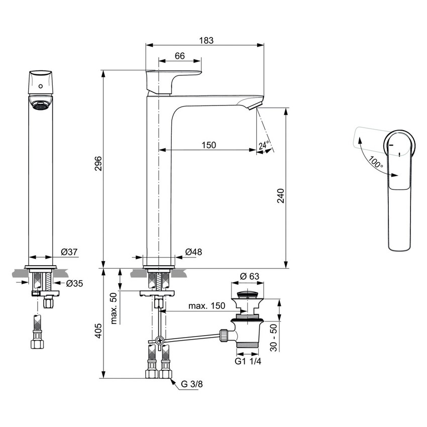 Immagine di Ideal Standard CONNECT AIR miscelatore monocomando da appoggio su piano, con sistema di apertura a freddo Bluestart, asta di comando e scarico piletta, finitura cromo A7026AA