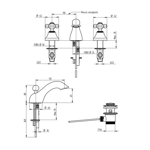 Immagine di Bellosta ROMINA batteria lavabo a 3 fori, con scarico, finitura cromo 01-0305/C