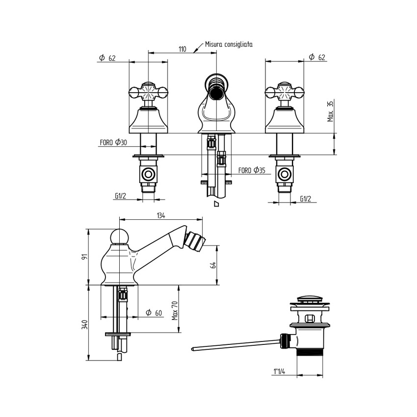 Immagine di Bellosta ROMINA batteria 3 fori per bidet, con scarico, finitura cromo 01-0307/7/C