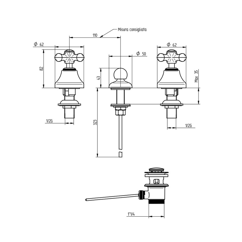 Immagine di Bellosta ROMINA batteria bidet 3 fori, con erogazione dal bordo, con scarico, finitura cromo 01-0307/C