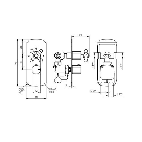 Immagine di Bellosta ROMINA miscelatore termostatico per doccia, ad incasso, 2 uscite, senza corpo incasso, finitura cromo 01-0312/2/K/E