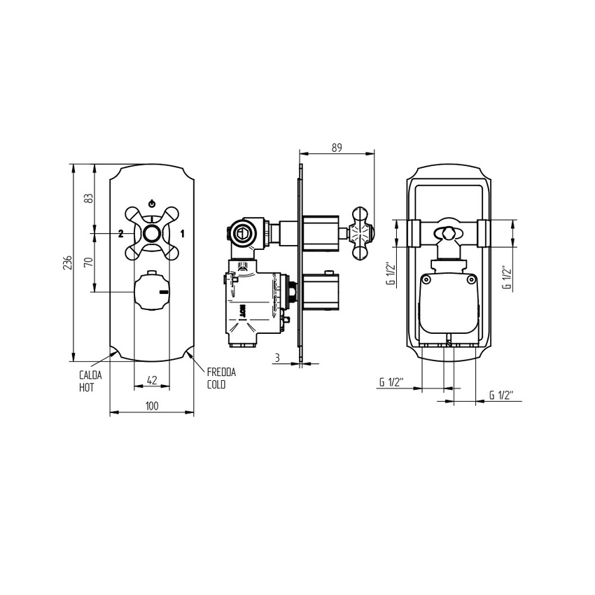 Immagine di Bellosta ROMINA miscelatore termostatico per doccia, ad incasso, 2 uscite, senza corpo incasso, finitura cromo 01-0312/2/K/E