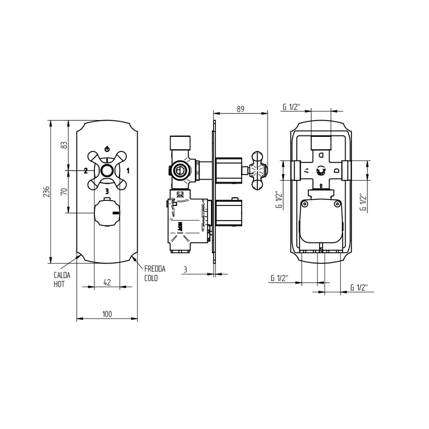 Immagine di Bellosta ROMINA miscelatore termostatico per doccia, ad incasso, 3 uscite, senza corpo incasso, finitura cromo 01-0312/3/K/E