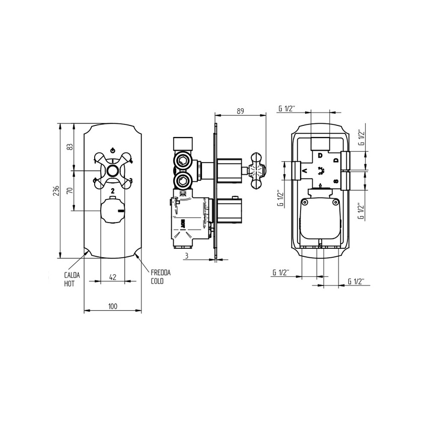 Immagine di Bellosta ROMINA miscelatore termostatico per doccia, ad incasso, 4 uscite, senza corpo incasso, finitura cromo 01-0312/4/K/E