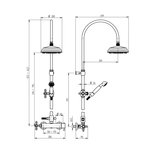 Immagine di Bellosta ROMINA miscelatore doccia termostatico, esterno, con stelo regolabile, soffione Ø 20 cm, con deviatore, doccetta e flessibile 150 cm, finitura cromo 01-0311/5A/C