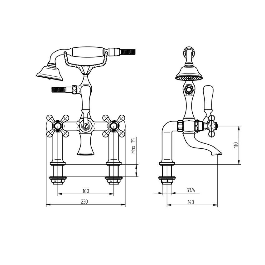 Immagine di Bellosta ROMINA gruppo vasca esterno, con raccordi per bordo vasca, con deviatore, doccetta Ø 7.7 cm e flessibile 150 cm, finitura cromo 01-0301/4/C