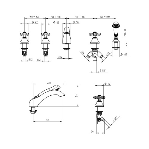 Immagine di Bellosta ROMINA batteria per bordo vasca, con deviatore, doccetta e flessibile 150 cm, finitura cromo 01-0301/2/C