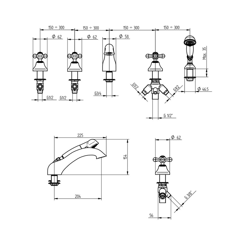 Immagine di Bellosta ROMINA batteria per bordo vasca, con deviatore, doccetta e flessibile 150 cm, finitura cromo 01-0301/2/C