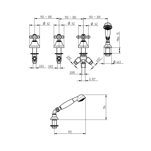 Immagine di Bellosta ROMINA batteria per bordo vasca, senza bocca vasca, con deviatore, doccetta e flessibile 150 cm, finitura cromo 01-0301/20/C