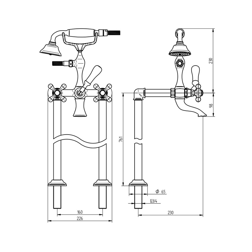 Immagine di Bellosta ROMINA gruppo vasca con raccordi a pavimento, con deviatore, doccetta Ø 7.7 e flessibile 150 cm, finitura cromo 01-0301/40/26/C