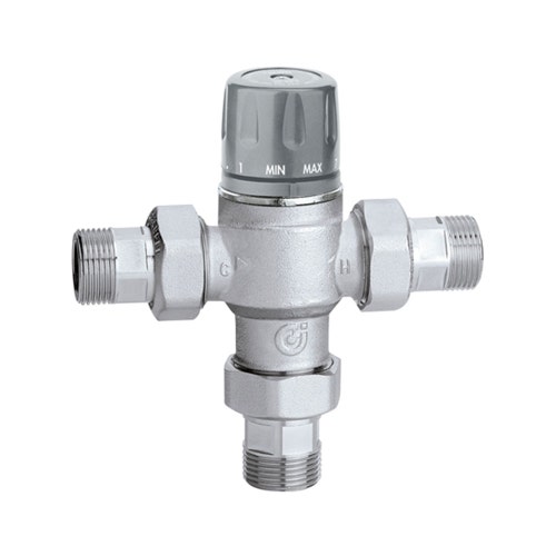 Immagine di Caleffi 5218 Miscelatore termostatico regolabile con manopola, valvole di ritegno e filtri, per controllo temperatura al punto di distribuzione, attacchi 3/4” 521815