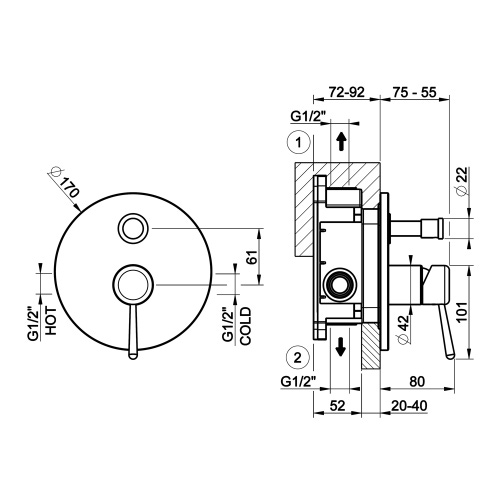 Immagine di Gessi GOCCIA miscelatore per doccia, a parete, con deviatore automatico bagno/doccia, 2 vie, senza corpo incasso, finitura cromo 44678#031