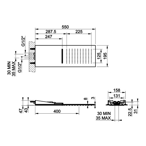Immagine di Gessi WELLNESS sistema multifunzione a parete Quadro 200 con funzioni pioggia/cascata, colore nero finitura opaco 33063#299