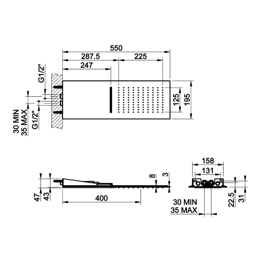 Immagine di Gessi WELLNESS sistema multifunzione a parete Quadro 200 con funzioni pioggia/cascata, colore nero finitura opaco 33063#299