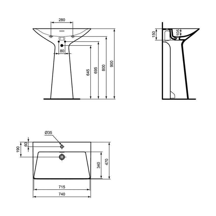 Immagine di Ideal Standard TIPO-Z lavabo freestanding, monoforo, con troppopieno, colore bianco finitura lucido T442501