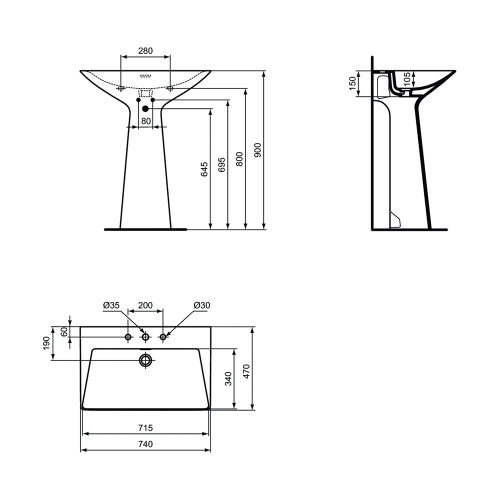 Immagine di Ideal Standard TIPO-Z lavabo freestanding, con 3 fori per rubinetteria, con troppopieno, colore nero finitura lucido T4426V2